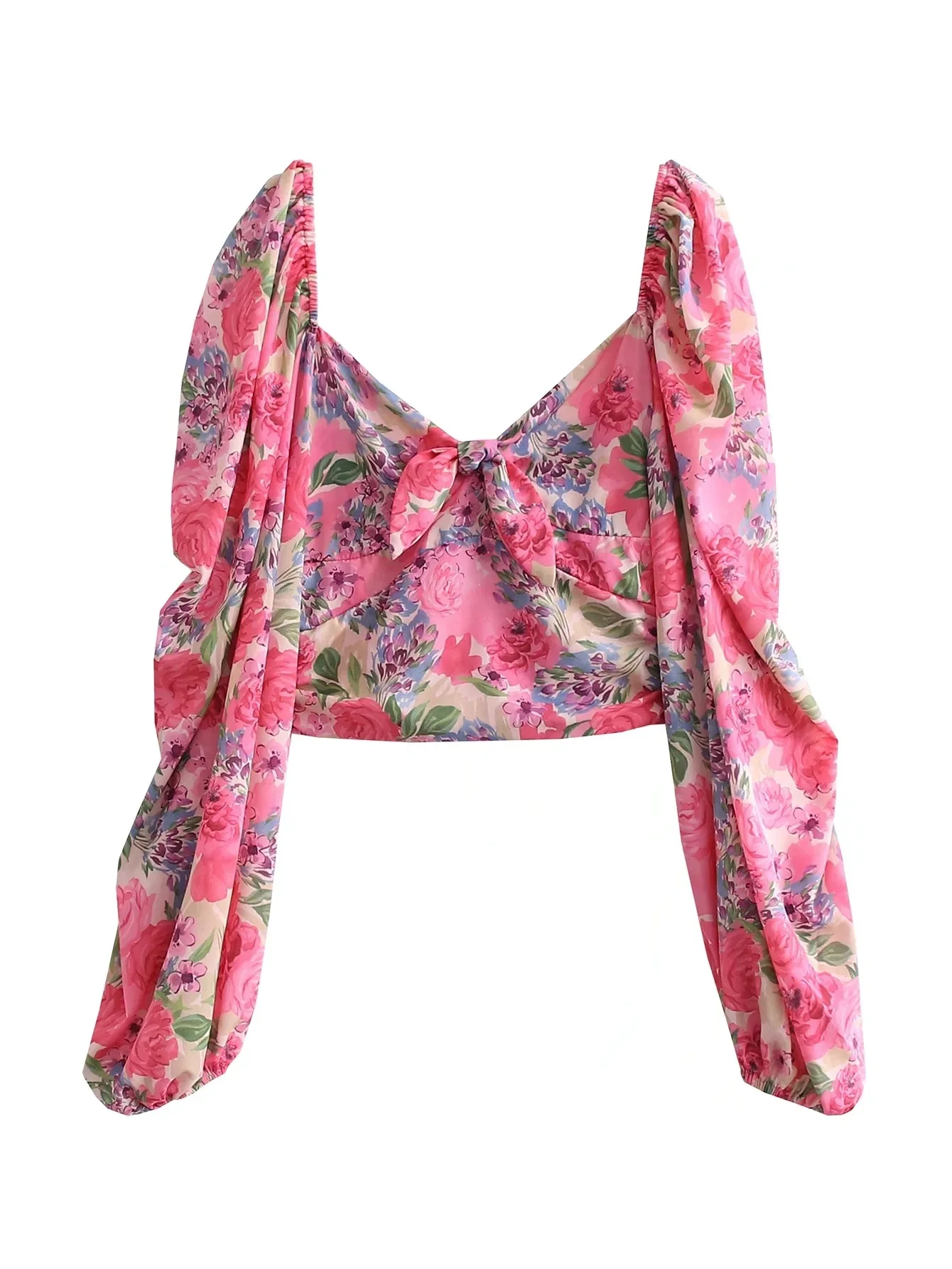 

2023 Spring new Peng Peng Sleeve Square neckline bow pleated short tunic flower jacket shirt