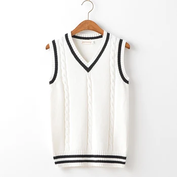 

Autumn Winter Plus size Sleeveless Pullover V-neck Sweater Teen Girls JK School Uniform British Striped Tops College style
