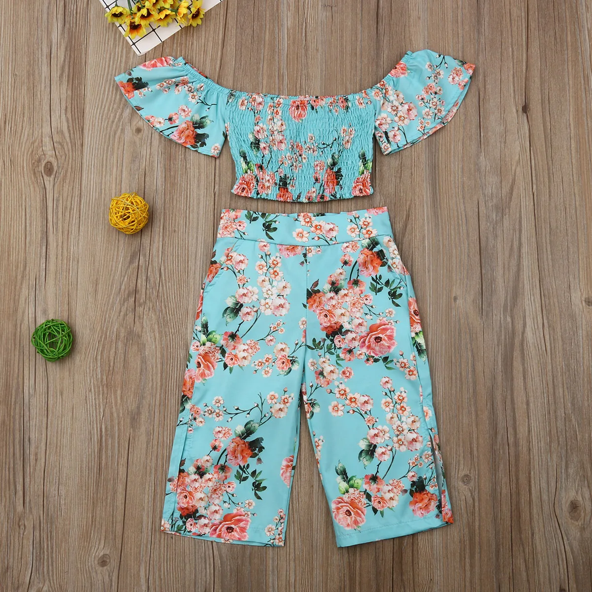 1-6 Years Toddler Kids Baby Girls Clothes Set Floral Off Shoulder Crop Tops Long Slit Wide Leg Pants Casual Outfits 2pcs Sets kids clothing set girls clothing set boys clothing set kids sweatshirt set