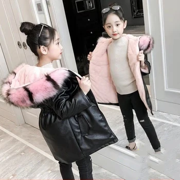 

Winter Casual Baby Girl Outwear Coats Children Zipper Windproof Waterproof Pu Jacket Kids Warm Coat Girls Clothing 6 8 10 12 13
