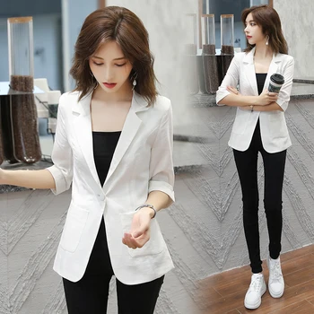 

Women Solid Color Cotton Suit Jacket Pleated Sleeve Coat Office Lady Work Style Small Suit Single Button Blazer