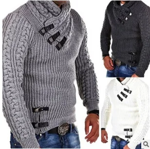 

2019 Men Buckle Sweater Thick Warm Heap Collar Fashion Men's Sweater Knit Coat