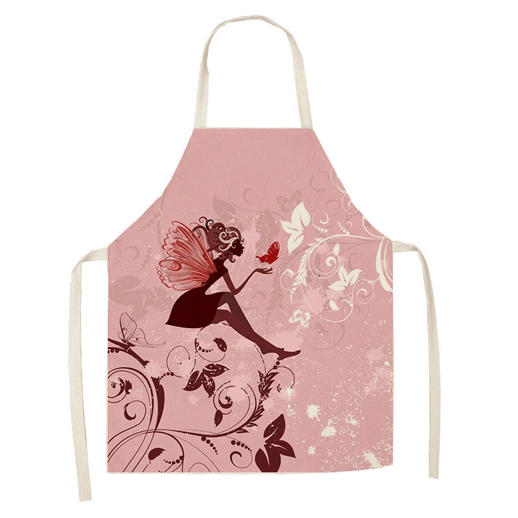 1Pcs Flower Butterfly Girl Printed Kitchen Aprons for Women Home Cooking Baking Waist Bib Cotton Linen Pinafore 55*68cm