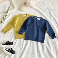 Осенне-зимний свитер для маленьких мальчиков хлопковое детское Трикотажное изделие с круглым вырезом, топы, детский пуловер, одежда Детские свитера с пуговицами От 1 до 5 лет