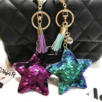 

30pcs/lot Sequins Stars Keychains With Tassel Bell Creative Pendant Key Ring Girls Bag Decorations For Women Fashion Jewelry