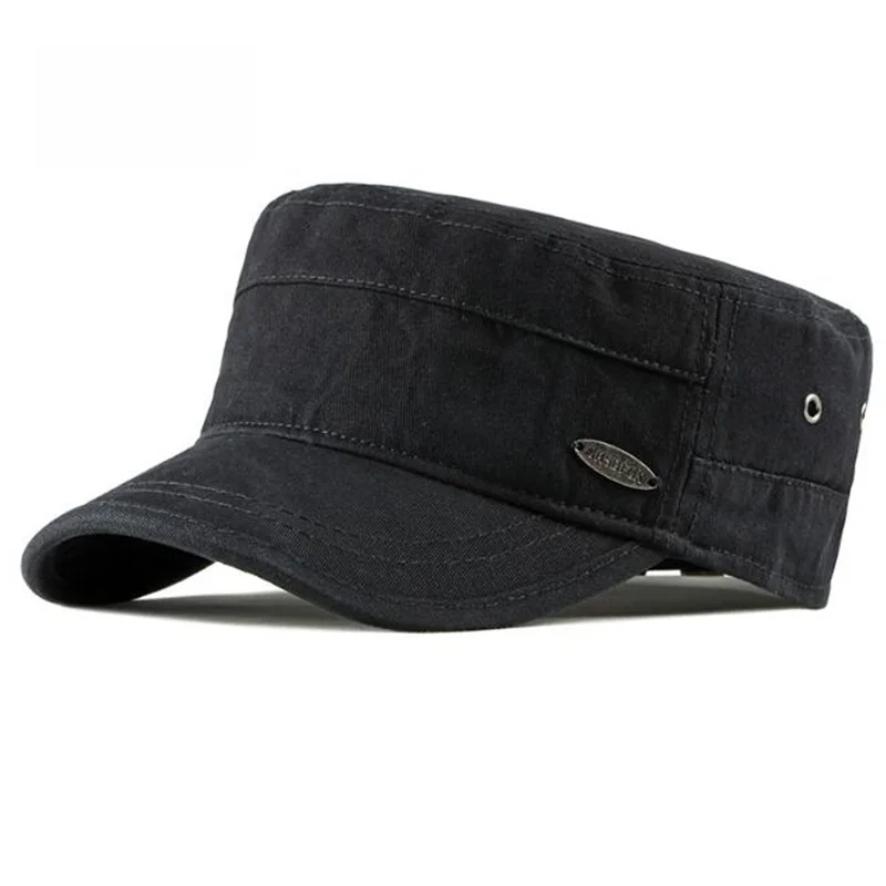 

Autumn Latest Model Cotton Breathable Sweaty Outdoor Sunscreen Flat Top Military Hat Adjustable Women's Fashion Black Sun Hat