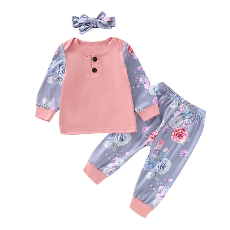 

2019 Baby Clothes 3PCS Newborn Infant Baby Girl Long Sleeve Bodysuit+Pants Floral Clothes Outfits Size 0-4M