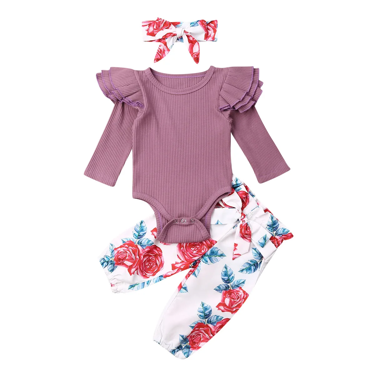 Г. Милая Одежда для девочек топы с оборками для новорожденных девочек, Трикотажный боди+ штаны с цветочным рисунком+ повязка на голову, комплекты одежды комплект из 3 предметов