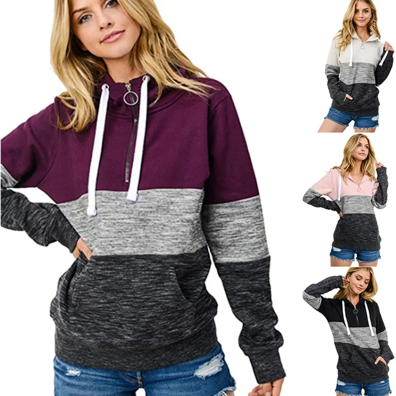 Women Hoodies Sweatshirts Autumn New Style Hoodies Women Plus size Color Panel Hooded Zip Pullover Casual Warm Pullover Hoodies