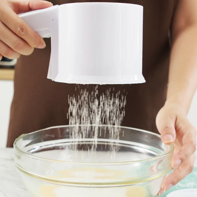 

Home Flour Sieve Mugs Flour Sifter Sieve Filter Plastic Cup Shape Baking Lcing Sugar Powder Strainer Cakes Baking Tools