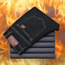 Зимние теплые мужские флисовые повседневные Прямые джинсы стрейч плотные джинсовые фланелевые мягкие брюки классические большие размеры 42