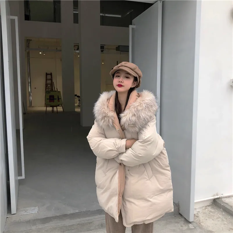 

Large Fur Collar Cotton Overcoat Women's 2019 Winter New Style Korean-style Loose Thick Students Mid-length Cotton-padded Jacket