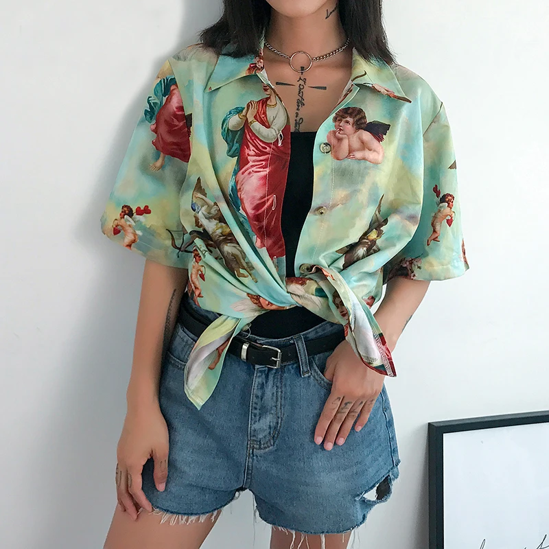 

Korean Printed Angel Shirt Women Half Sleeve Vintage T Shirt Ladies Turn-down Collar Harajuku Tee Shirt Women Summer