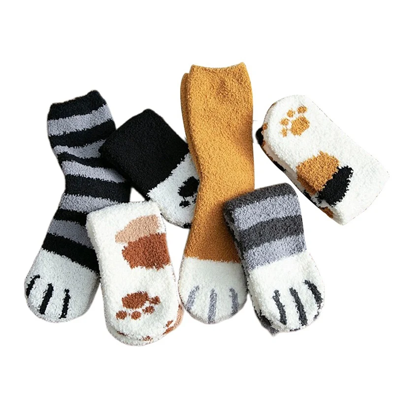 5 пар, милые кошачьи когти Для женщин носки с забавными мультяшными принтами, осень-зима Утепленная одежда Домашние носки; бархат кораллового цвета; носки для сна