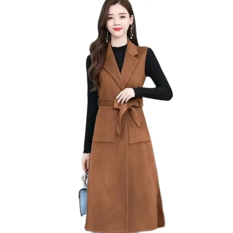 

2021 New Spring Autumn Woolen Cloth Windbreaker Ladies Waistcoat Mid-length Belt Female Vest Loose Fashion Women's Waistcoat