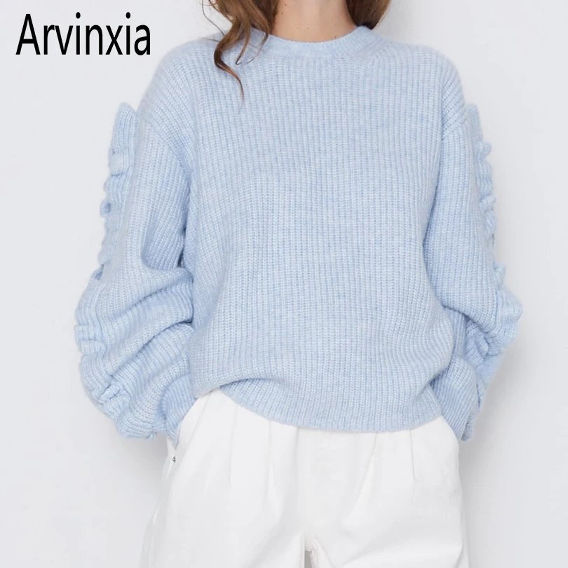 Arvinxia ZA модные однотонные рукава с гофрированными манжетами женские свитера