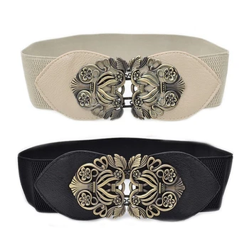 

2Pcs Women'S Retro Flower Elastic Stretch Buckle Wide Waist Belt Waistband - Black & Beige