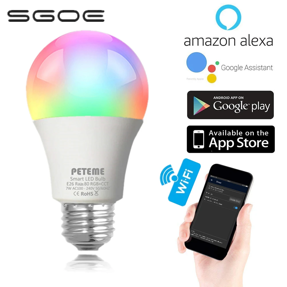 SGOE E27 Tuya умная лампа светодиодный светильник с регулируемой яркостью RGB wifi