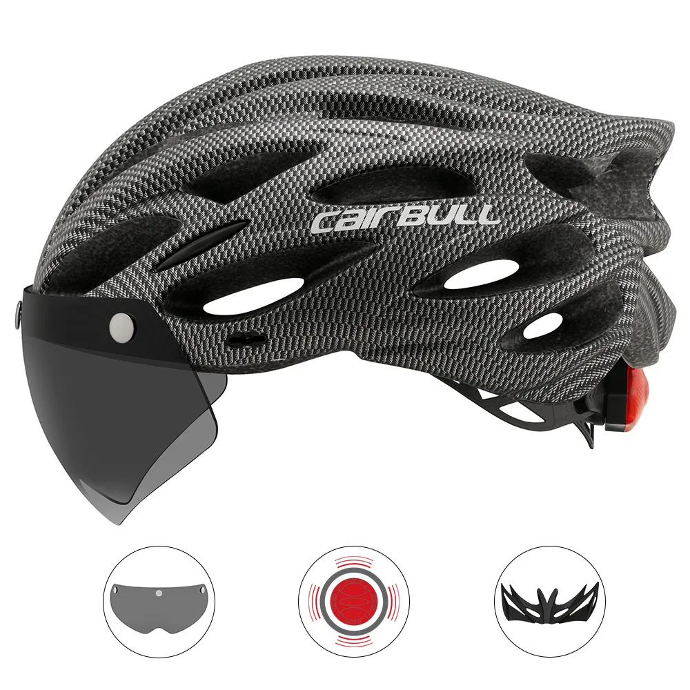Intergrally-molded Mountain Bike Helmet with Removable Goggles Visor Adjustable Men Women Bicycle Cycling Taillight Helmet