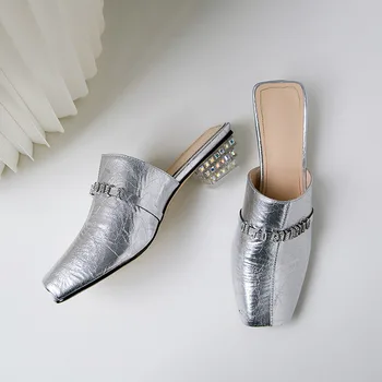 

Genuine Leather Fish Mouth Semi-high Heeled Sandals Line-styled Man-made Diamond inside And Genuine Leather Slippers