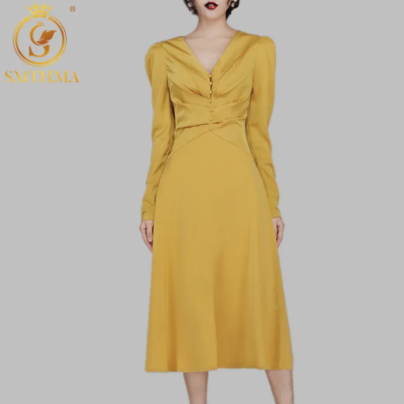 

SMTHMA New Autumn High Quality Newest Fashion Runway Party Dress Women's Sexy V Neck Celebrity high-end retro Long Dresses