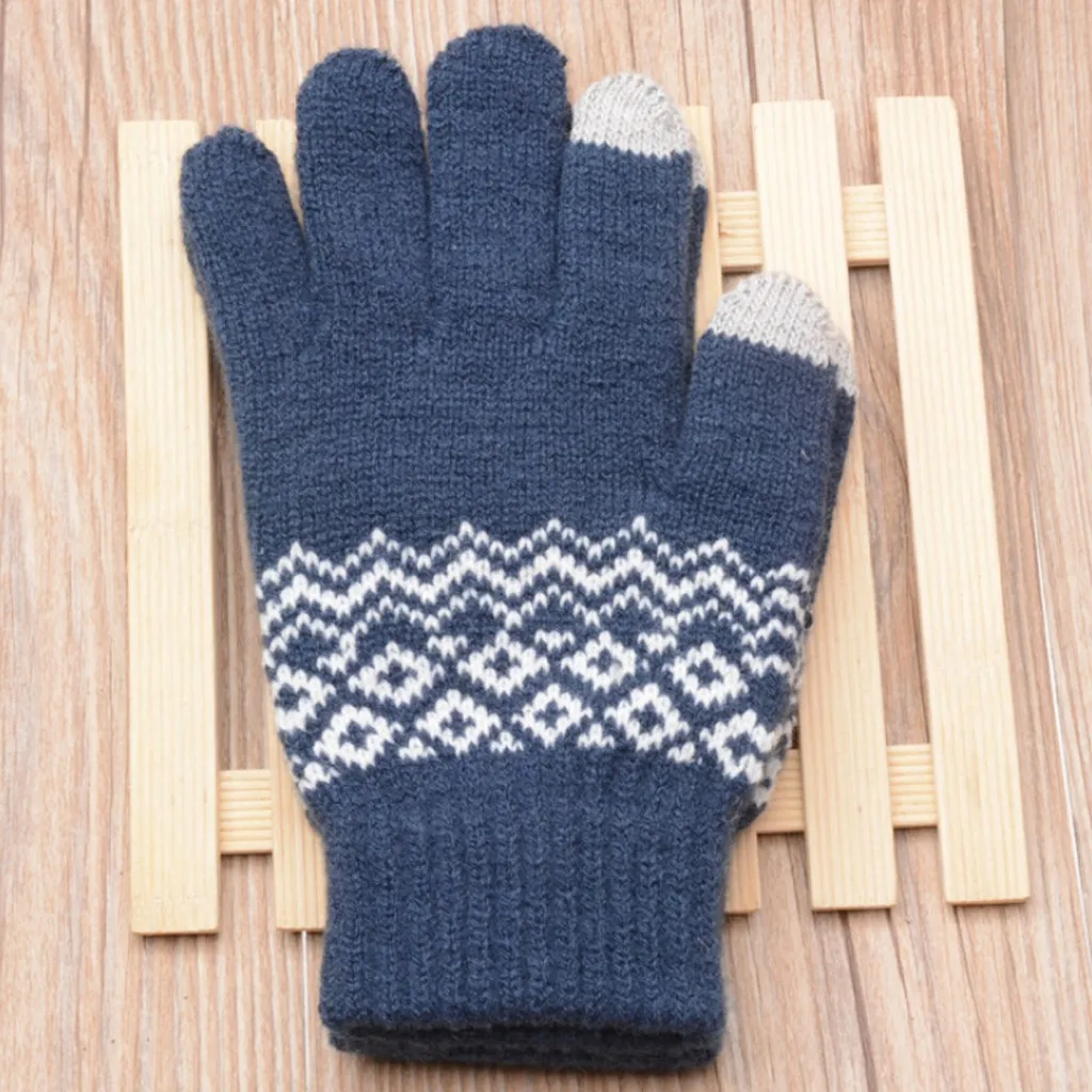 Wo мужские зимние перчатки, тянущиеся вязаные варежки, геометрические вязаные перчатки с сенсорным экраном на весь палец, теплые флисовые перчатки для езды на велосипеде