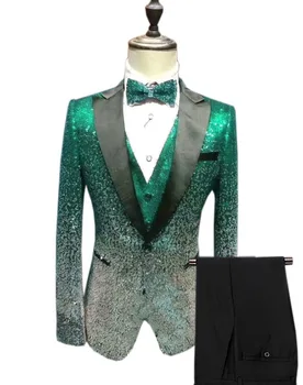 

3 Piece Shiny Sequin Mens Suit Slim Fit One Button Peak Notch Lapel Tuxedo For Party Wedding Banquet Nightclub Blazer Vest Pants