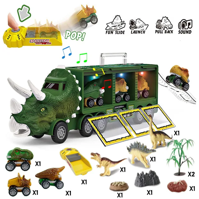 Dinosaur Transport Toy Truck Pull Back Vehicles Dino Container Storage Car Model Lighting Music Kids Boys