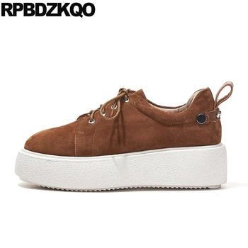 

muffin women footwear black thick sole lace up creepers platform shoes flats brown luxury suede genuine leather china elevator