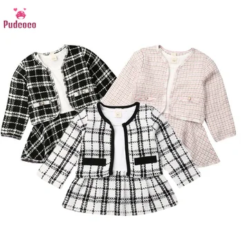 

2019 Fall Winter 1-6Y Baby Girls Clothes Sets First Birthday Long Sleeve Plaid Coat Tops Dress 2Pcs Party Warm Bebe Outfit