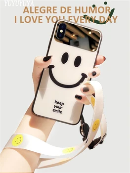 

YUYUYUYA makeup mirror for iPhone 11Pro Max mobile phone case iPhone 6 7 8 plus X R XS MAX glass smiley lanyard protective cov