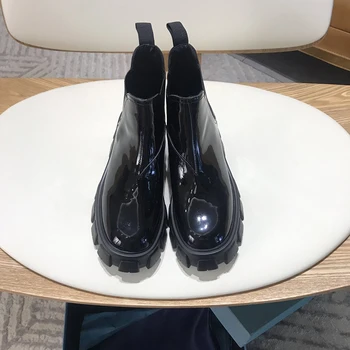 

Black Ankle Boots Flats Round Toe New Fashion European Style Black Lace-up Boots Woman Platform Genuine leather Shoes