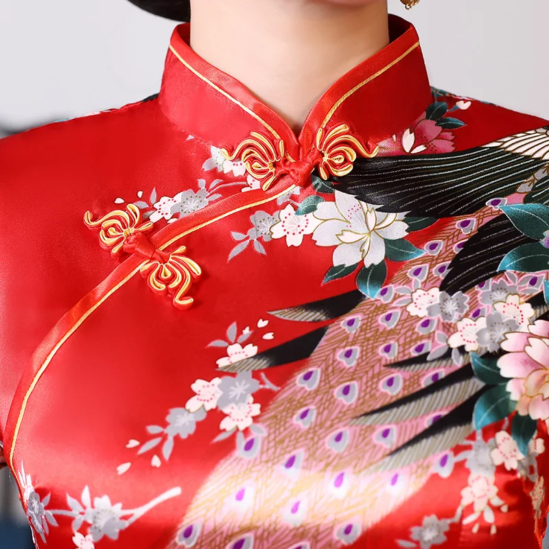 Китайский Чонсам с рисунком павлина длинное платье Чонсам Новое китайское атласное Ретро Ципао китайское свадебное банкетное платье с