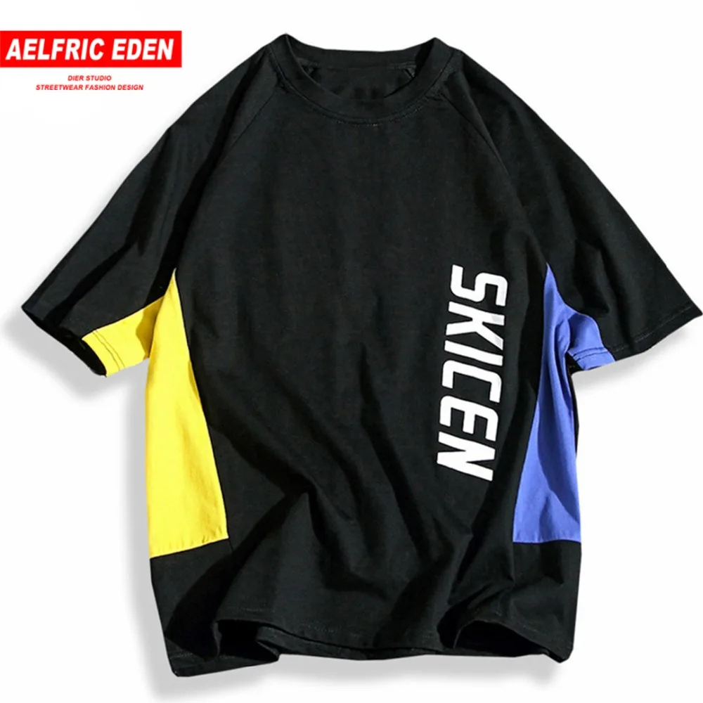 Aelfric Eden Harajuku Лоскутные цветные футболки с буквенным принтом хлопковые уличные мужские футболки с коротким рукавом в стиле хип-хоп мужские топы