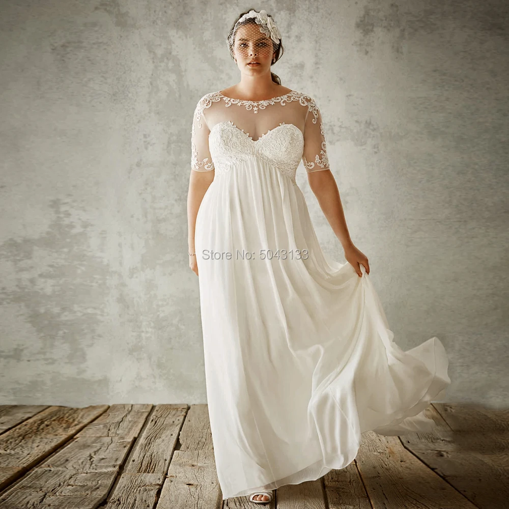 

2020 Plus Size Wedding Dresses Half Sleeves Sheer Neck A Line Lace Applique Bridal Gowns Long Empire Beach Chiffon Bride Dress