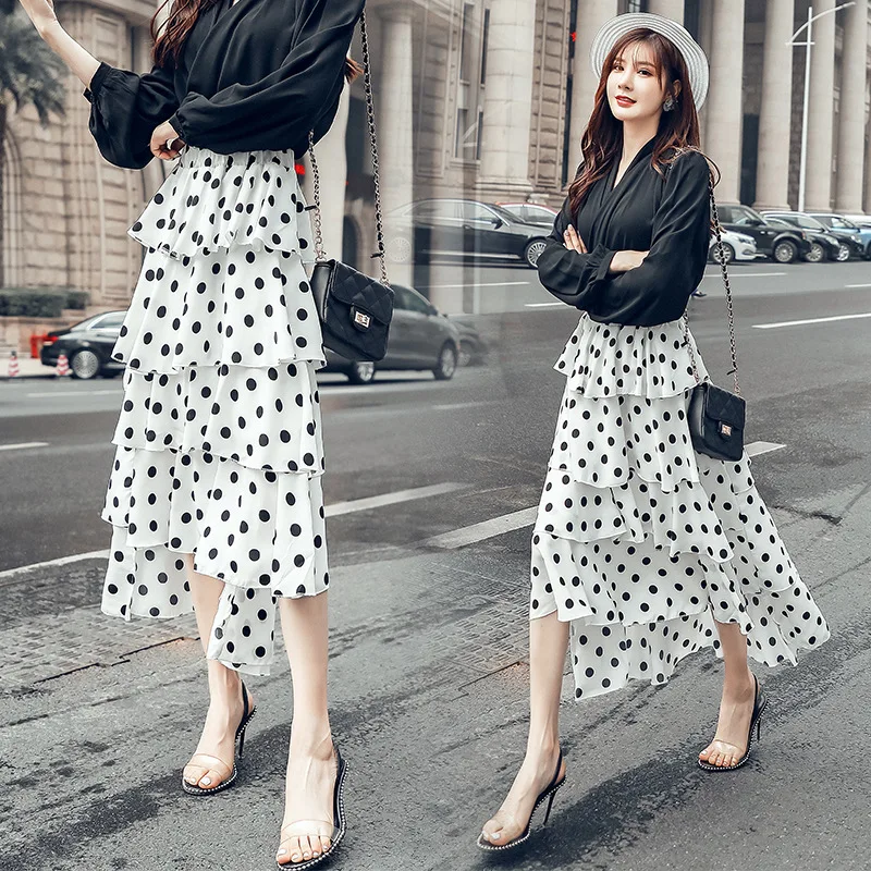 

Photo Shoot 2019 Spring And Summer New Style Polka Dot Chiffon Cake Dress Mid-length Skirt Women's Dotted West Mia Holiday