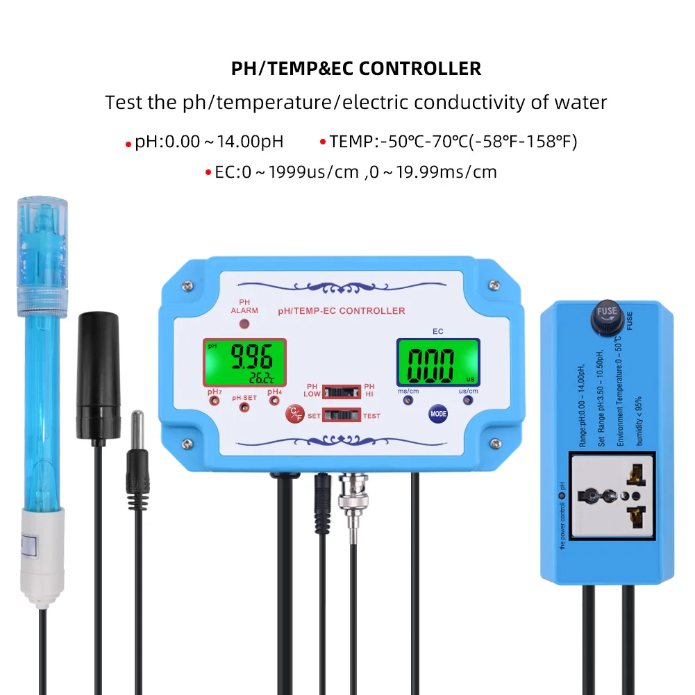 Онлайн pH/EC/TEMP тестер метр Датчик качества воды pH контроллер разъем реле Repleaceable электрод Тип BNC зонд США ЕС plug