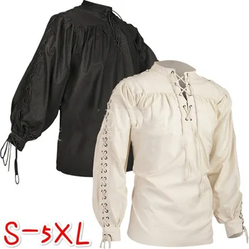 

Cotton linen long sleeve men high quality fashion bandage long sleeve medieval Renaissance shirt Gothic warrior shirt 2020 new
