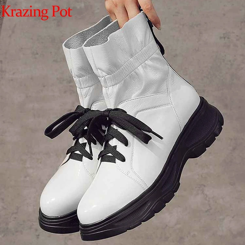 

krazing pot cow leather fashion round toe motorcycle boots sweety med heels pleated leather lace up ruffles mid-calf boots l9f7