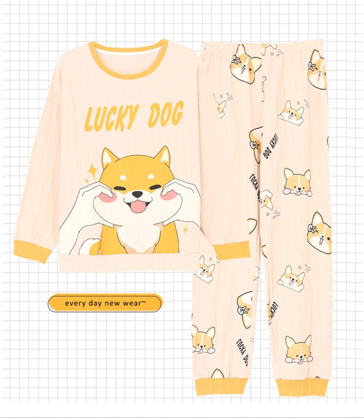 men's loungewear sets Oversized Long Sleeve Long Pants 2-piece Couple Winter Pajamas Sets Kawaii Smiling Shiba Inu Cartoon Men Women Cotton Home Suits silk sleepwear