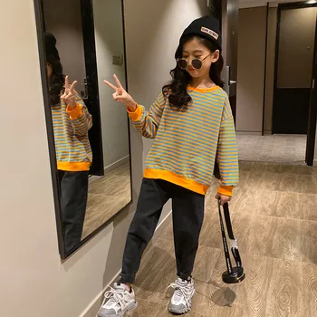 

Teen Children's Clothing Set 2020 Autumn New Girls Stripe Sweatershirt Jeans Two-piece Sport Suit Girls Clothes Kids Tracksuit