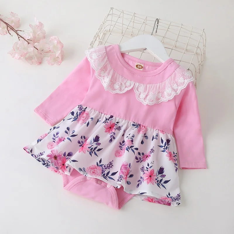 

Newborn Baby Girl Clothes Flower Print Patchwork Lace Peter Pan Collar Long Sleeve Baby Girl Romper Sweet Princess Dress 3-18M