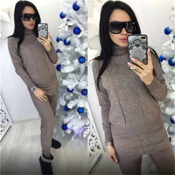 

New north American style water-print turtleneck sweater knit set, sweater knit trouser set, high-neck casual suit, knitted casua