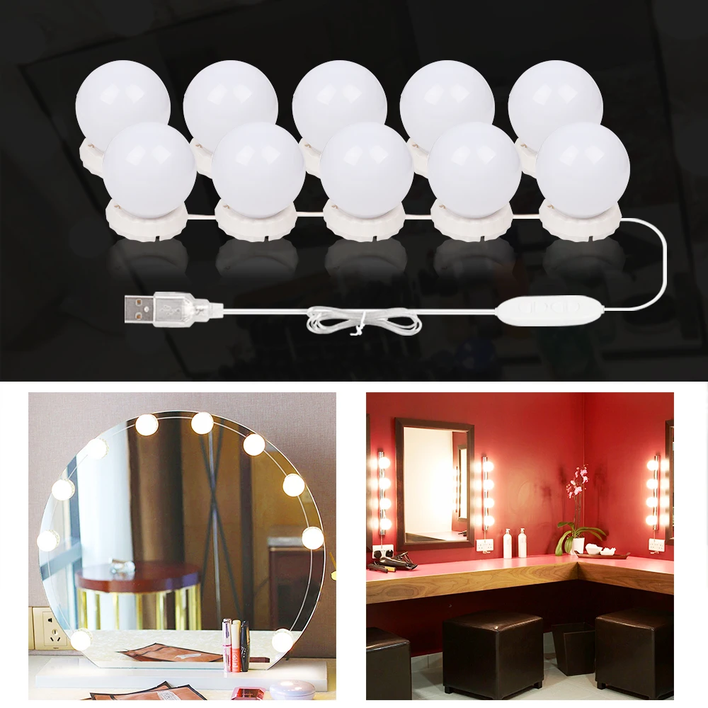

10 LEDs Bulb Hollywood Style Makeup Mirror Light Dimmable 3 Mode USB Plug LED Vanity Mirror Lamp Kit Lens Headlight Dresser Lamp
