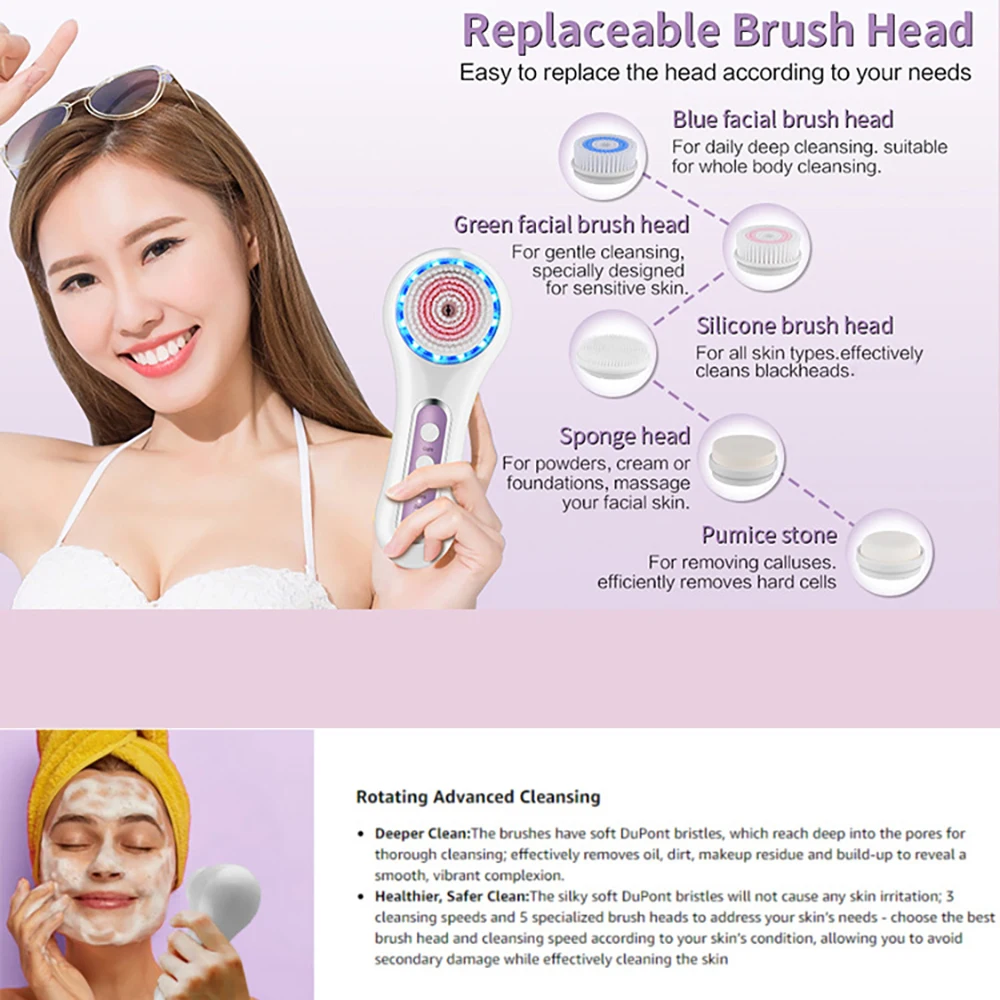

Portable 5-In-1 Skin Rejuvenation Acne-Removing Facial Brush Cleansing Instrument 3 Modes IPX7 Waterproof USB Charging 1000mAh