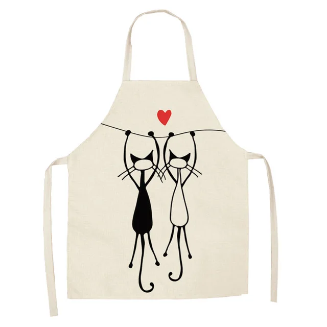1 Pcs Kitchen Apron Cute Cartoon Cat Printed Sleeveless Cotton Linen Aprons for Men Women Home Cleaning Tools WQTF28
