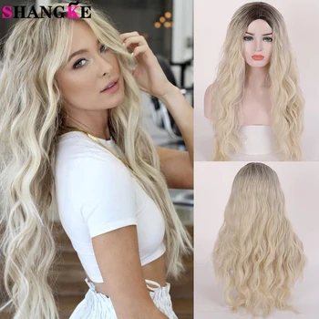 

Shangke Trendy Ombre Light Gold Wig Long Curly Wavy Synthetic Wigs Middle Part For Women Party Cosplay Heat Resistant Fiber 26’
