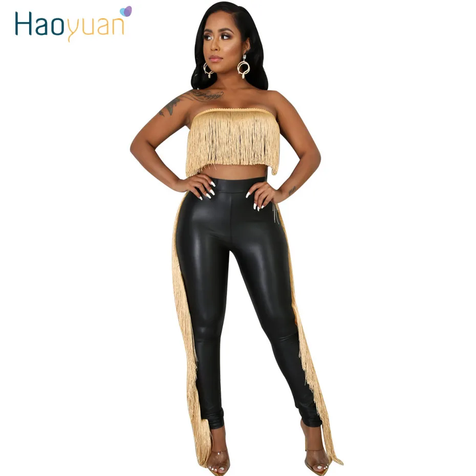 

HAOYUAN Sexy Tassel Two Piece Set Women Rave Festival Clothing Off Shoulder Crop Top Pant Suit Matching Sets 2 Pcs Club Outfits