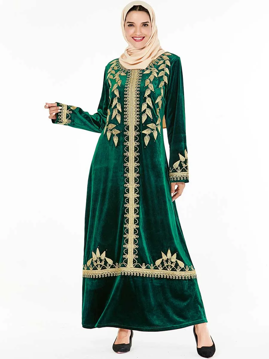 BNSQ макси платья бархат с длинными рукавами и золотым вышивкой Абая, для мусульман кафтан марокканские Турция индийские платья Пакистанская Ома хиджаб Dres