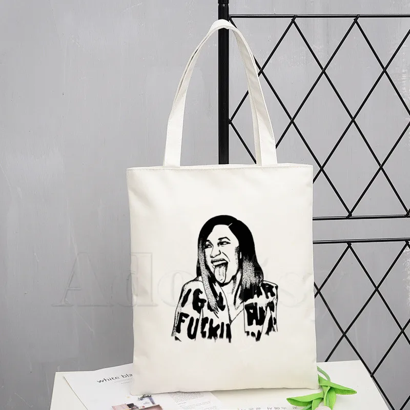 

Cardi B Music Hip Hop Graphic Cartoon Printed Canvas Shoulder Bag Female Funny Large-capacity Eco Environmental Shopper Bag